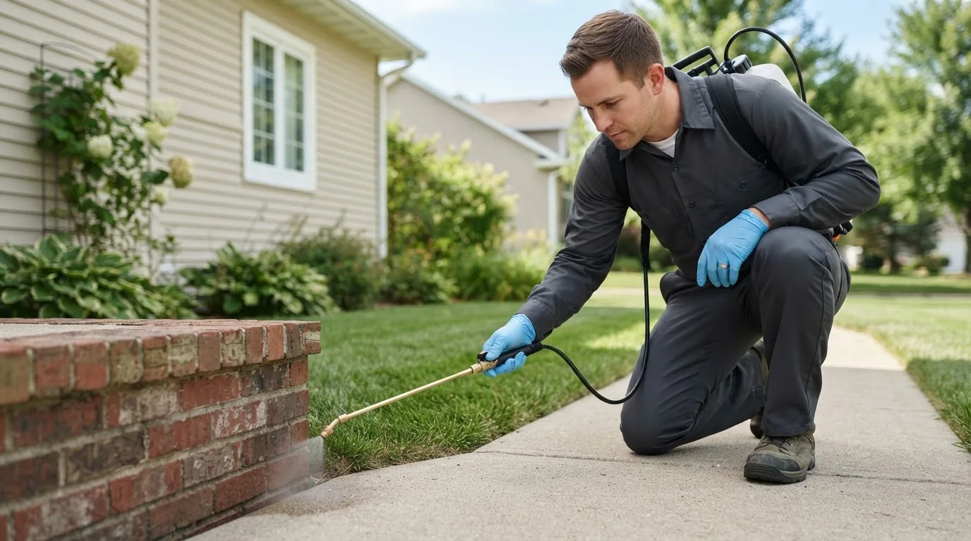 Pest control technician treating a home near Biddeford Pool, ME