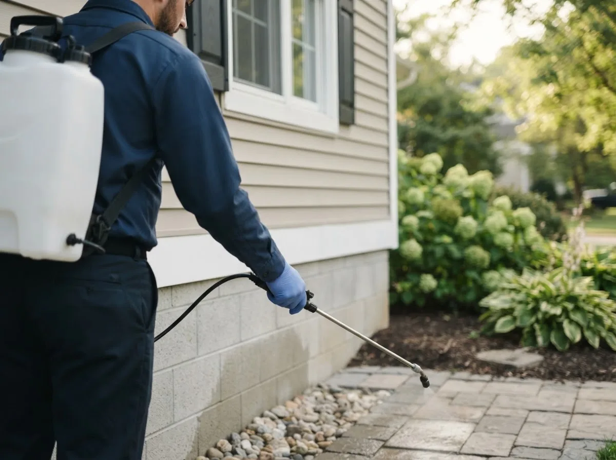 Pest control technician inspecting a home in Biddeford Pool, ME